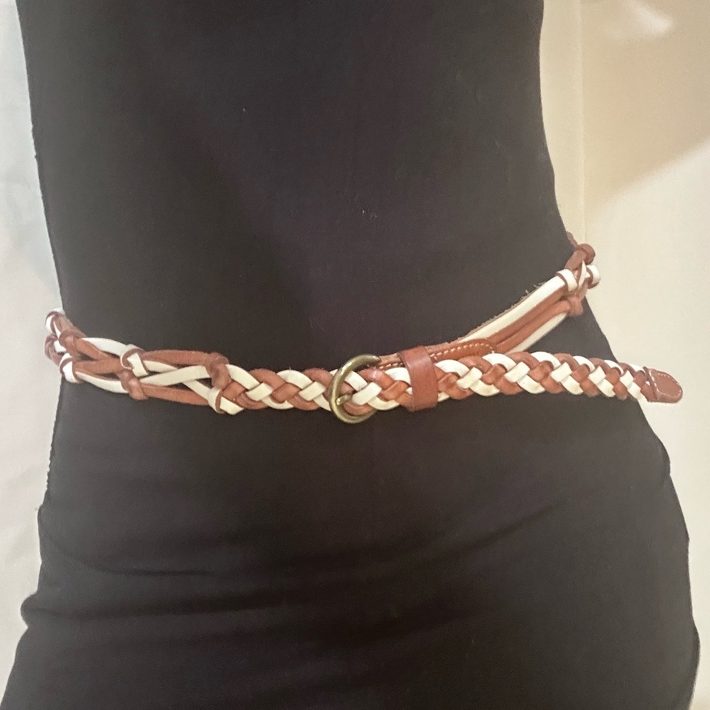 Fossil Tan & Cream Braided Leather Boho Western Belt, Brass Buckle. Size M